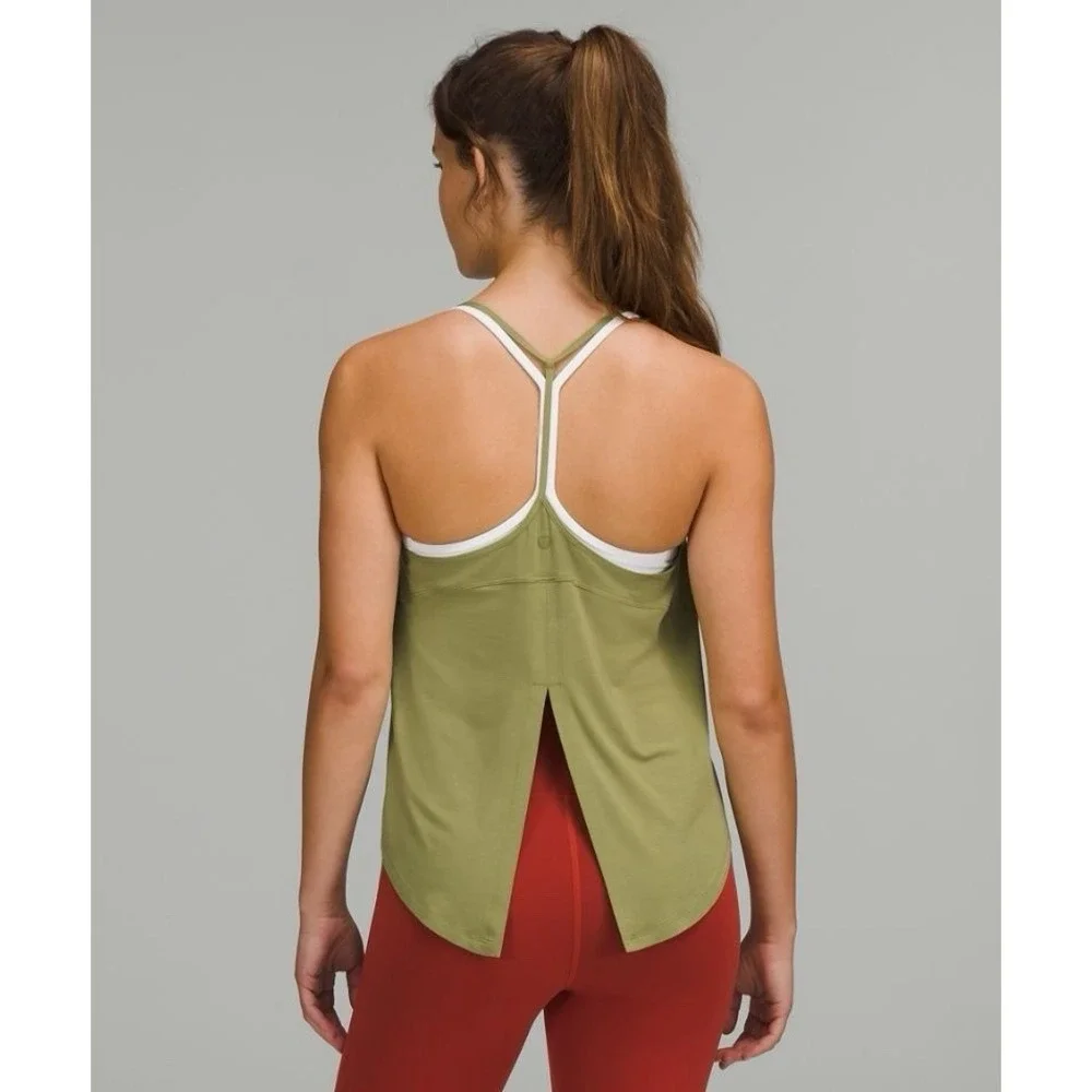Lululemon Modal Silk Blend Yoga Tank‎ Top Sz 2 Green Open Back Athletic Flowy